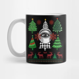 Christmas tree with checkered patterns and an eye in black and white Mug